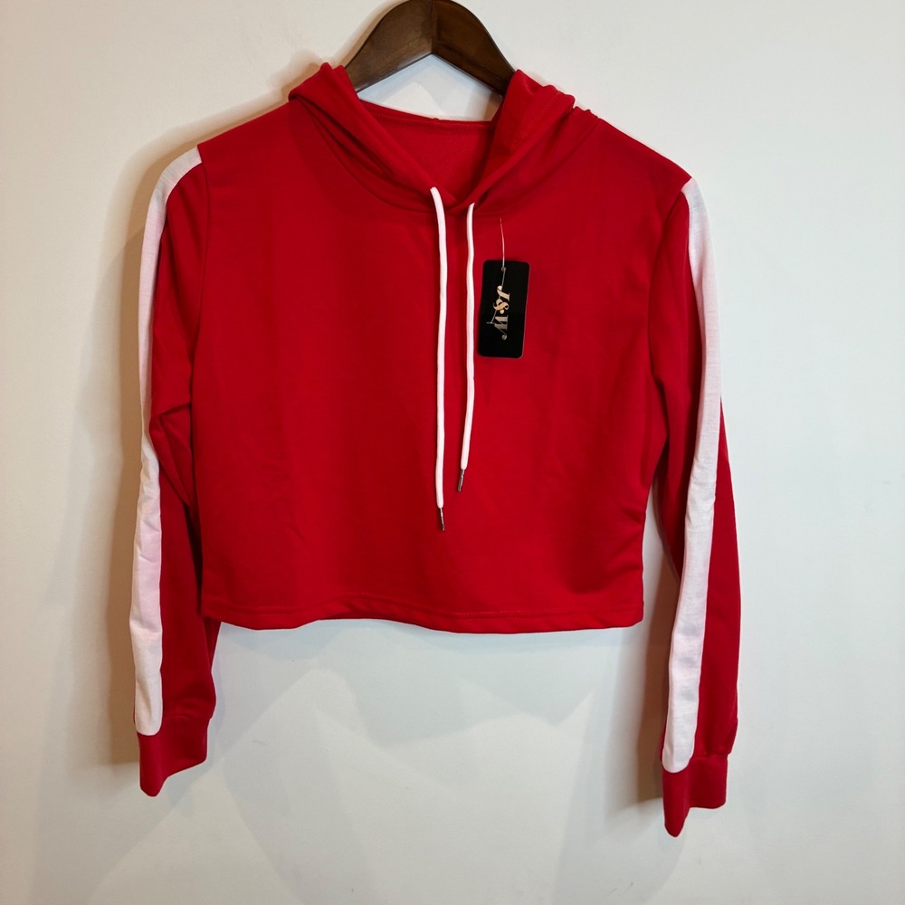 J&W Red Cropped Hoodie White Side Stripe Athletic Sweatshirt HY-8188 L/XL NWT